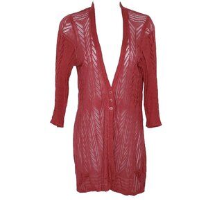 Guinevere Anthropologie Open Knit Cardigan M Red 3/4 Sleeve Linen Blend Tunic